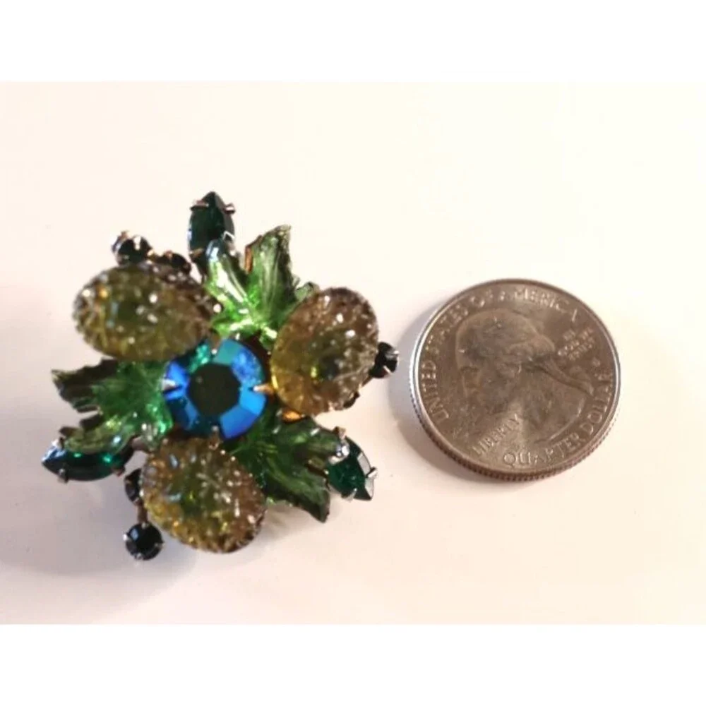 Vintage Fruit Salad Green Molded Glass Brooch Lapel Pin Blue Aurora Borealis
